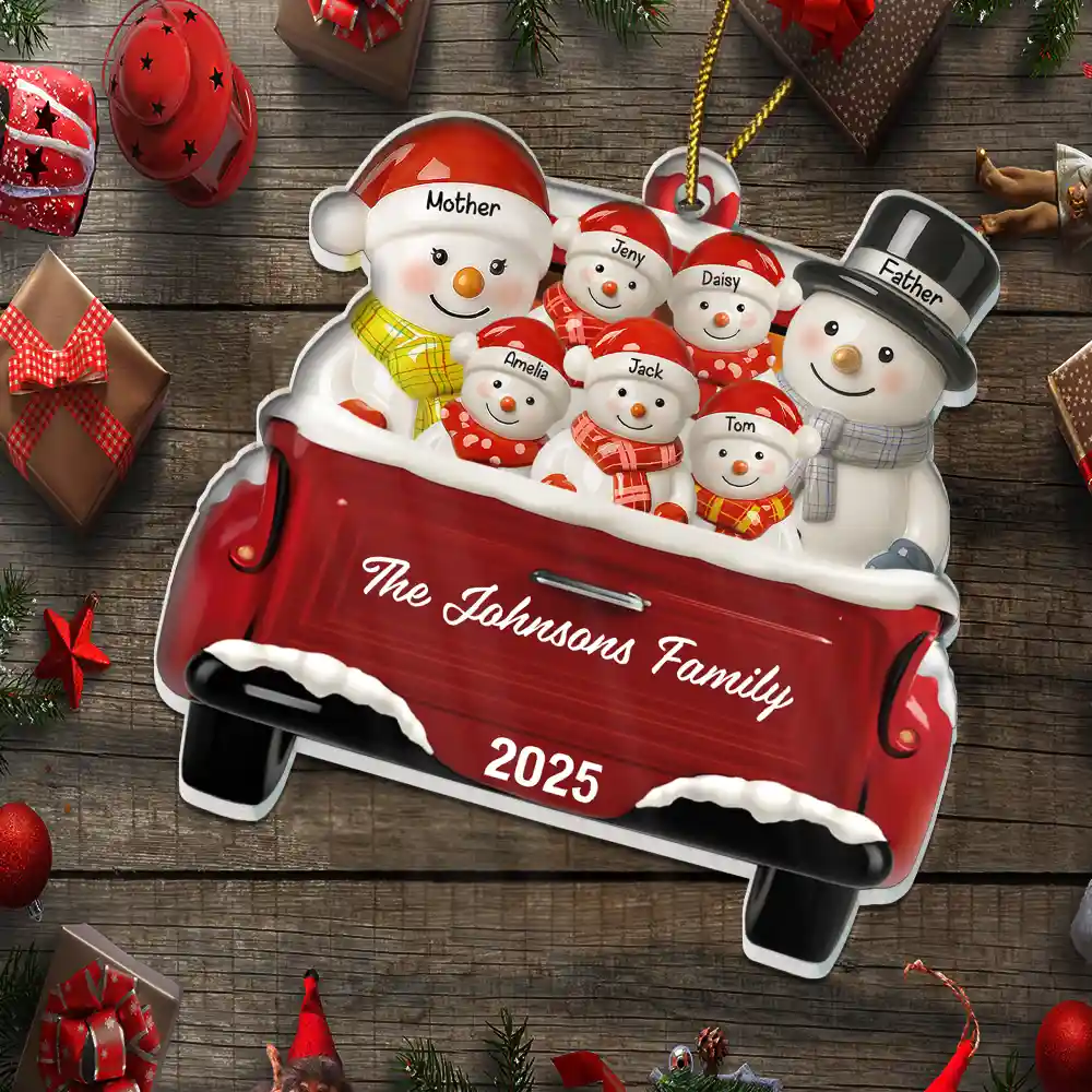 Snowman Family Ceramic Effect Red Truck - Personalized Custom Shaped Acrylic Ornament - Image 5