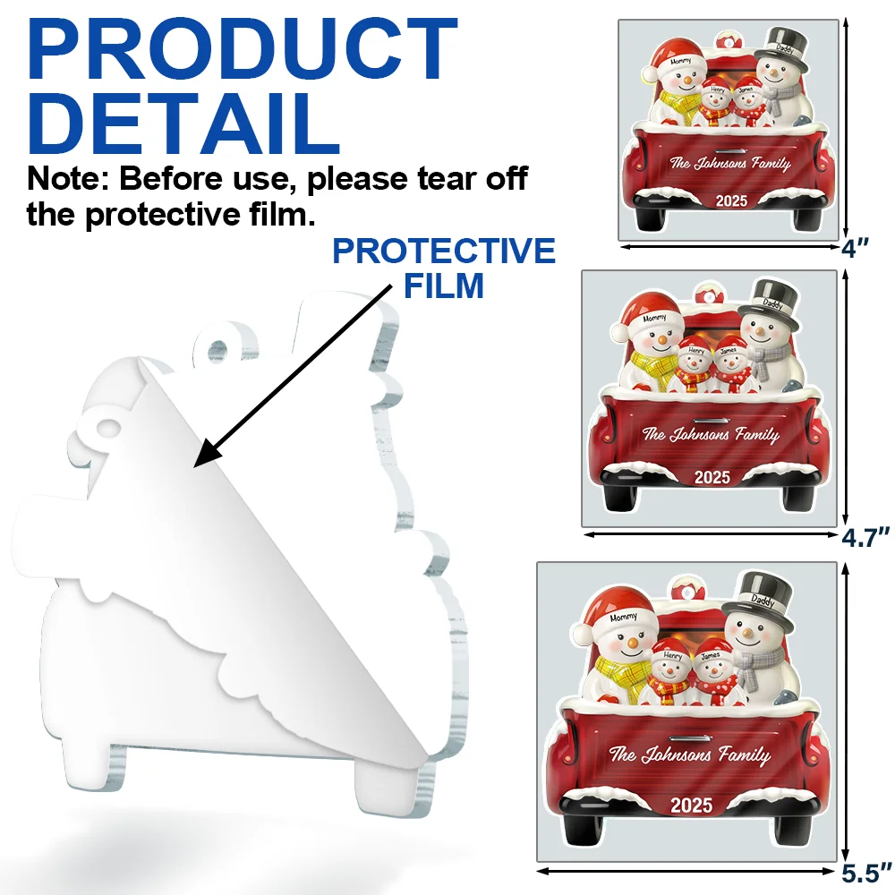 Snowman Family Ceramic Effect Red Truck - Personalized Custom Shaped Acrylic Ornament - Image 6
