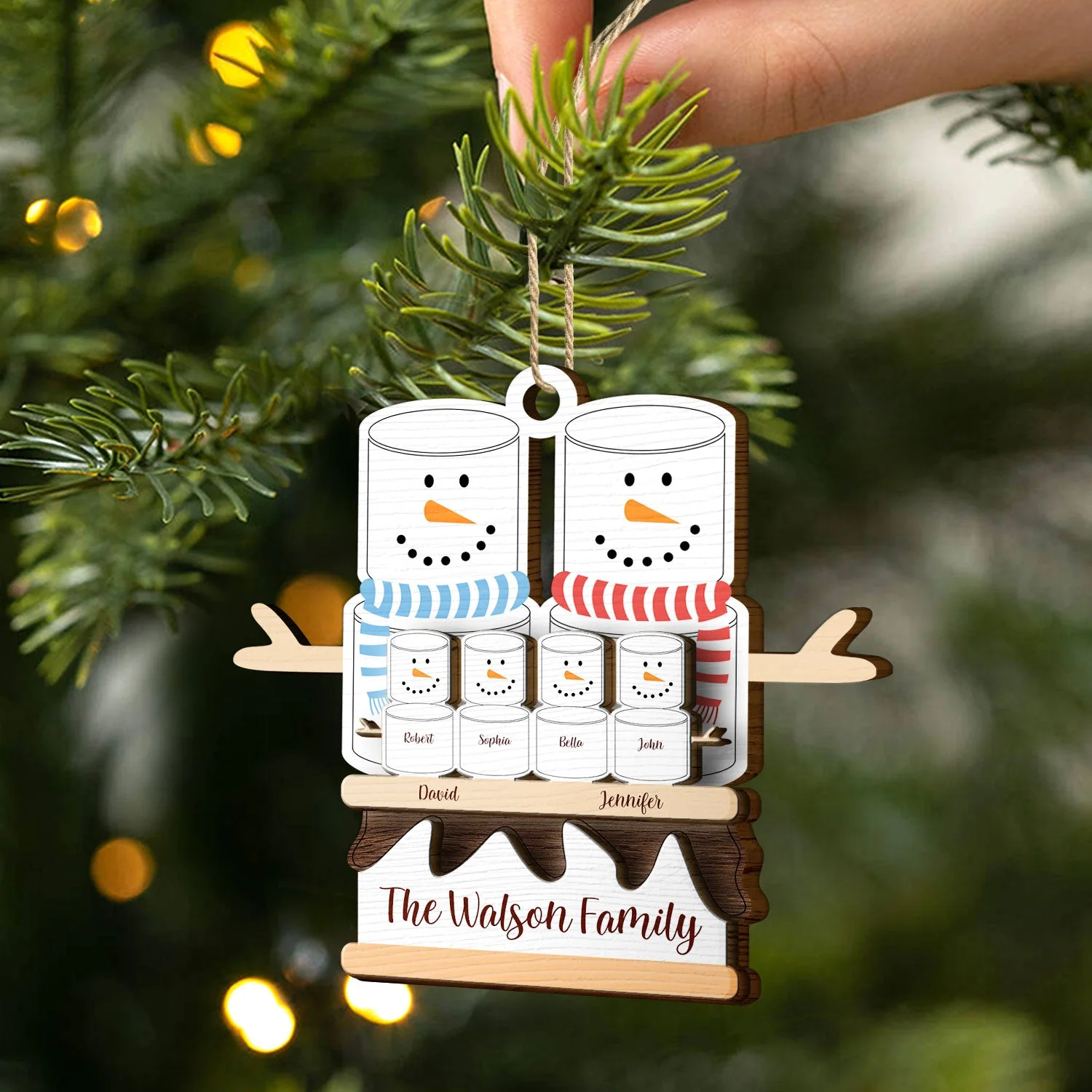 S'more Snowman Family - Christmas Gift For Family - Personalized 2-Layered Wooden Ornament - Image 2