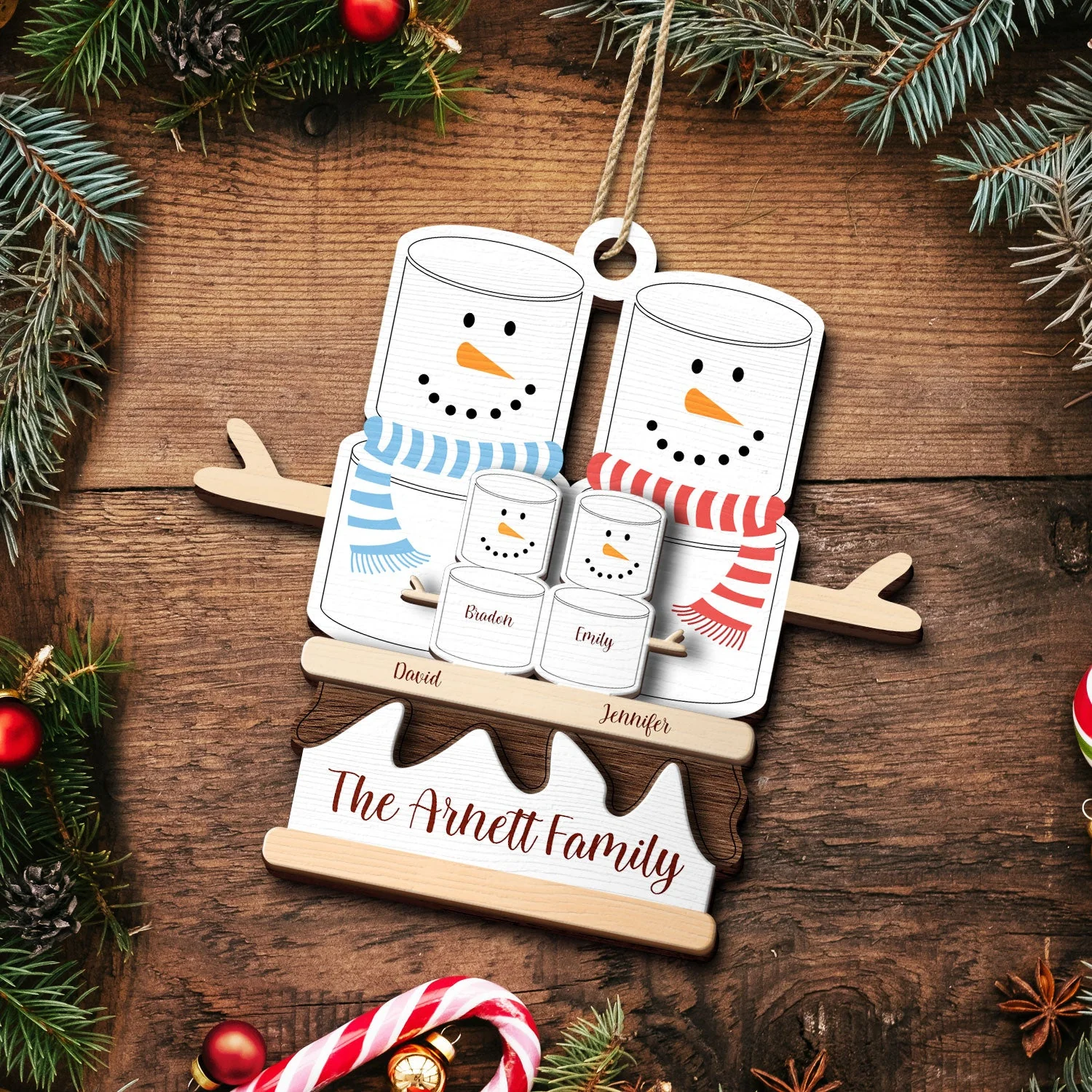 S'more Snowman Family - Christmas Gift For Family - Personalized 2-Layered Wooden Ornament - Image 5