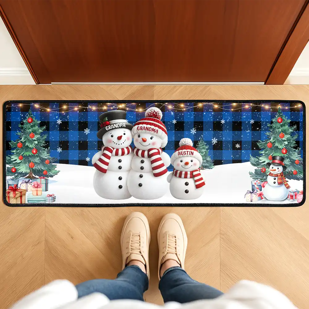 Snowman Family Christmas Plaid Pattern - Personalized Runner Rug - Image 2