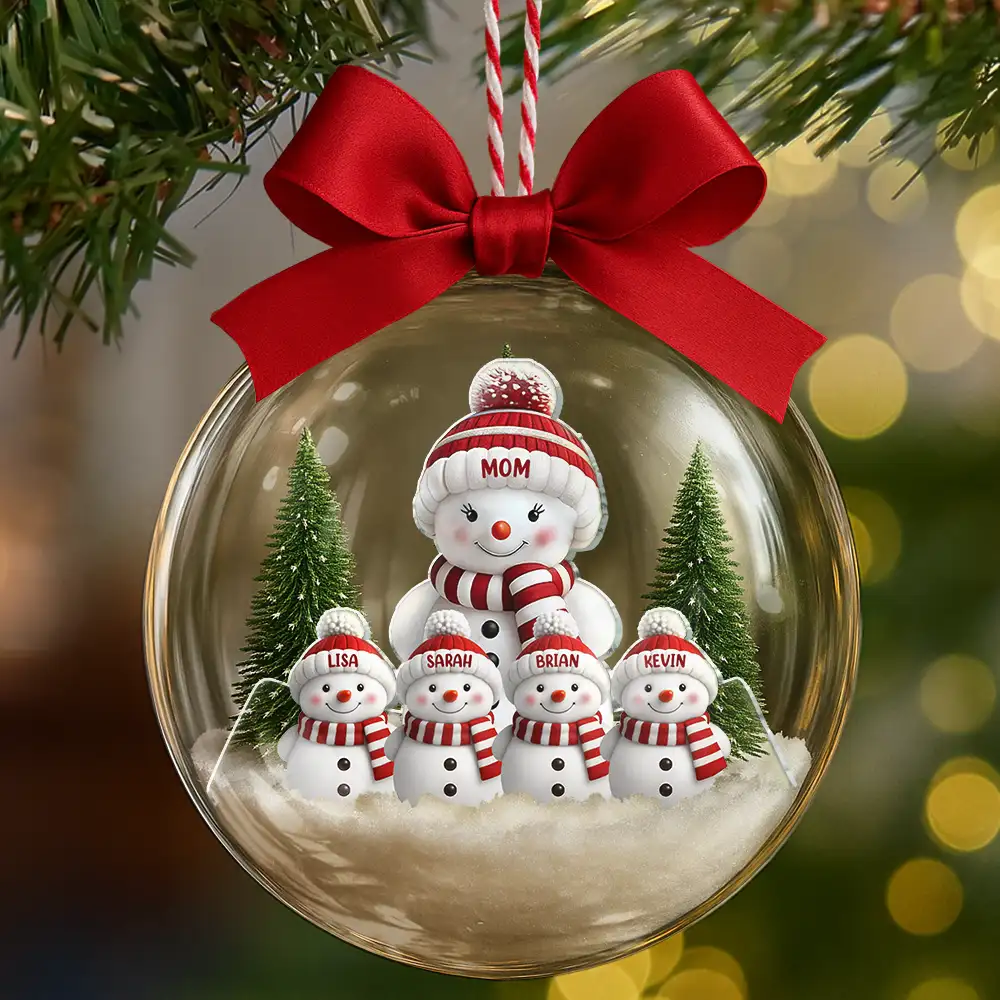 Snowman Family Grandma Grandpa Kids - Personalized 3D Acrylic Ball Ornament - Image 2