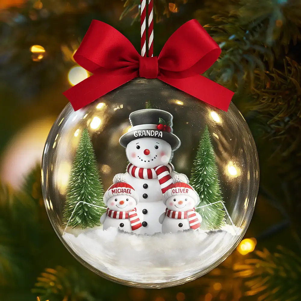 Snowman Family Grandma Grandpa Kids - Personalized 3D Acrylic Ball Ornament - Image 7