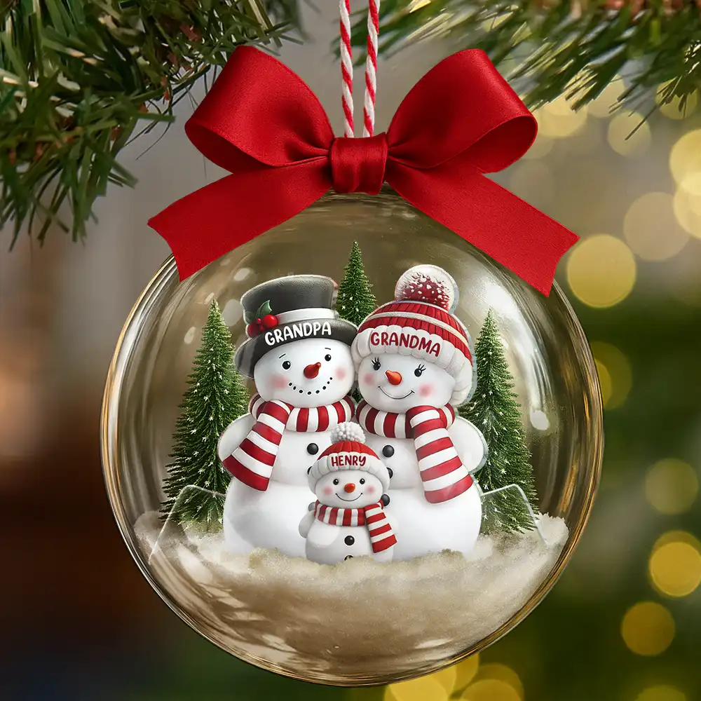 Snowman Family Grandma Grandpa Kids - Personalized 3D Acrylic Ball Ornament - Image 8