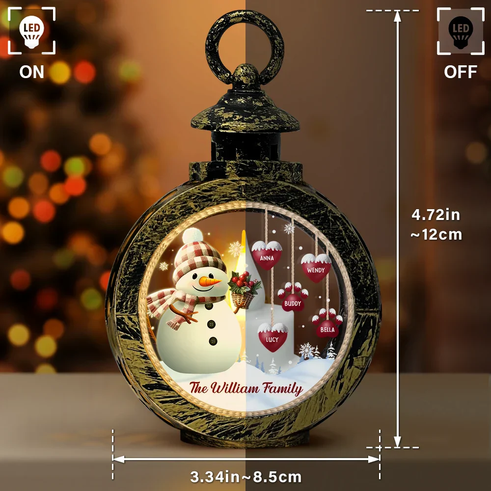 Snowman Family Kids Pets - Personalized Candlelight Lantern Ornament - Image 3