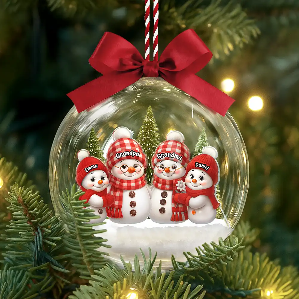 Snowman Grandma Grandpa Grandkids - Personalized 3D Acrylic Ball Ornament - Image 4