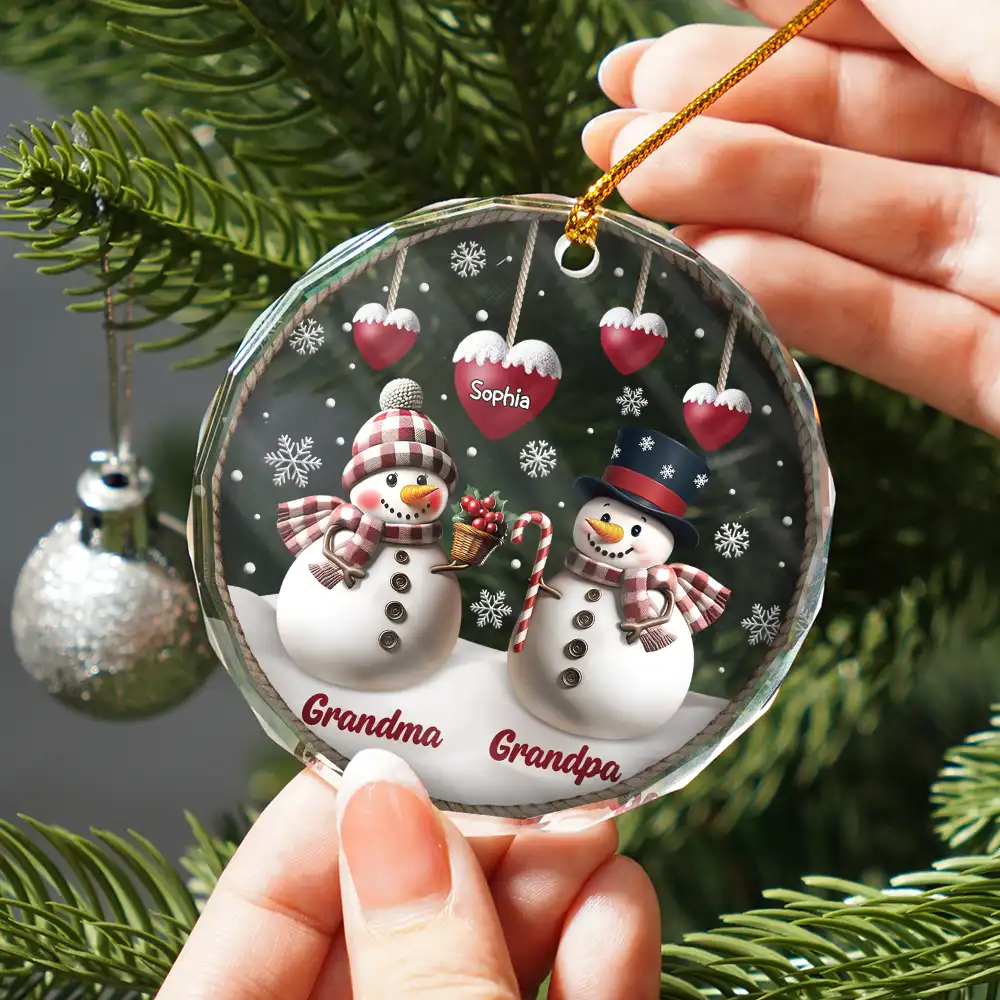 Snowman Grandma Grandpa Grandkids - Personalized Circle Glass Ornament - Image 2