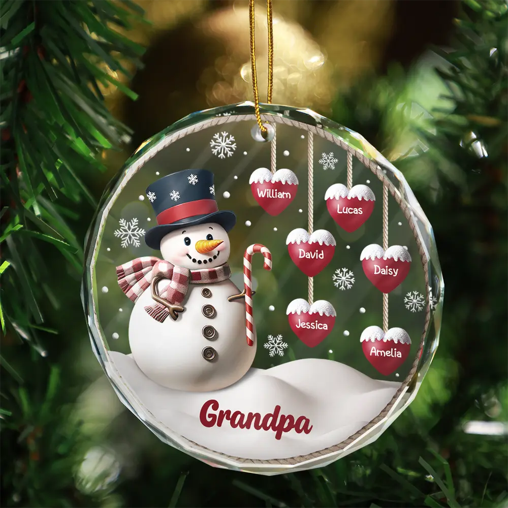 Snowman Grandma Grandpa Grandkids - Personalized Circle Glass Ornament - Image 3