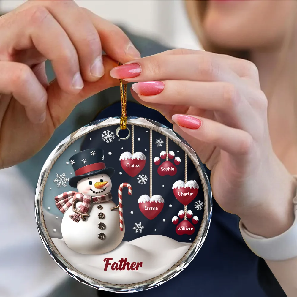 Snowman Grandma Grandpa Grandkids - Personalized Circle Glass Ornament - Image 4