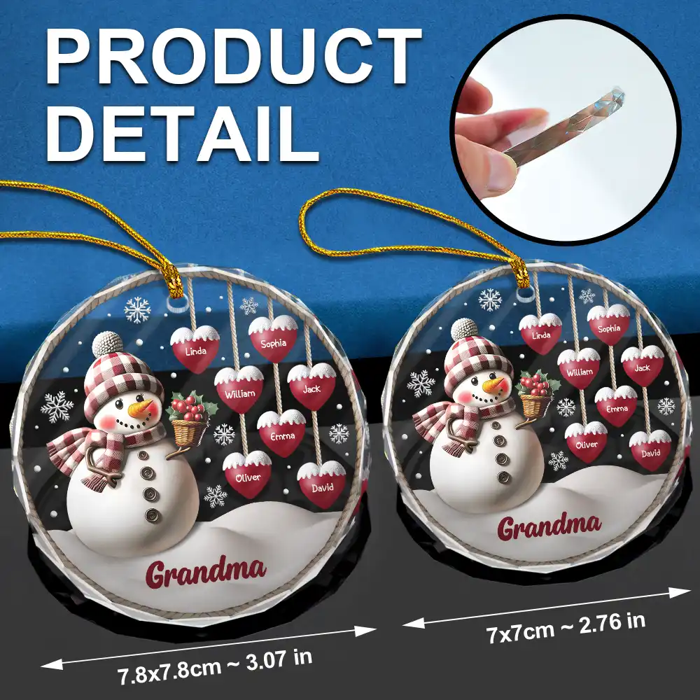Snowman Grandma Grandpa Grandkids - Personalized Circle Glass Ornament - Image 6
