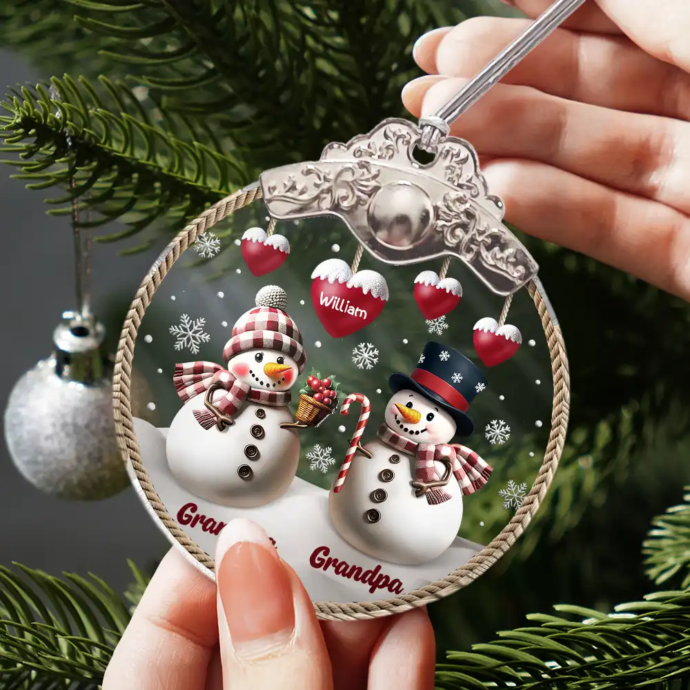Snowman Grandma Grandpa Grandkids - Personalized Glass Ornament With Silver Cap - Image 3