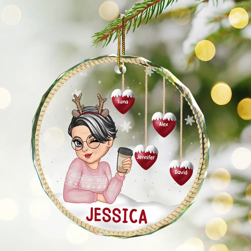 Snowman Grandma Mom - Personalized Circle Glass Ornament - Image 2