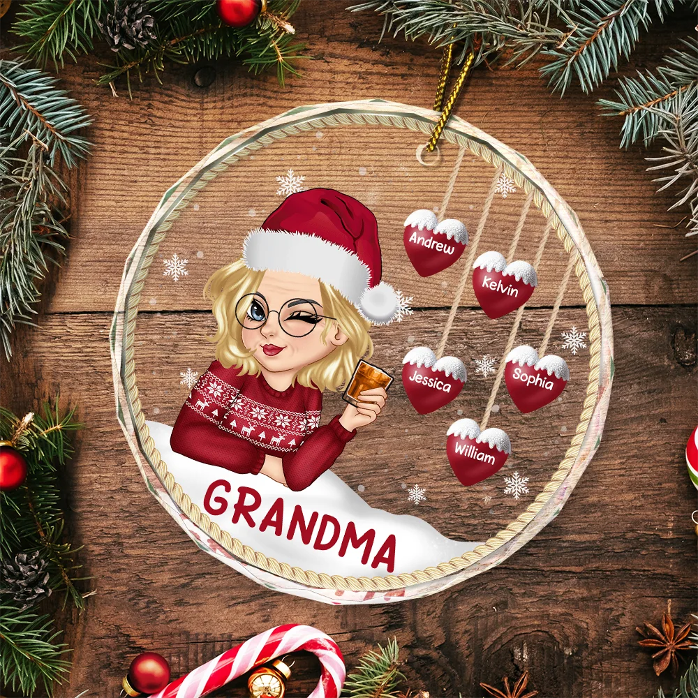 Snowman Grandma Mom - Personalized Circle Glass Ornament - Image 5