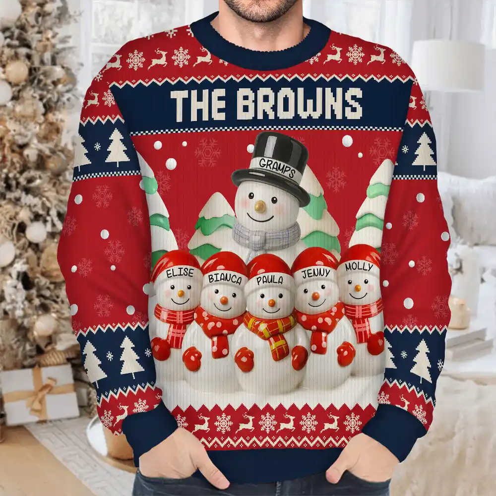 Snowman Grandparents Ceramic Effect - Personalized Unisex Ugly Sweater - Image 5