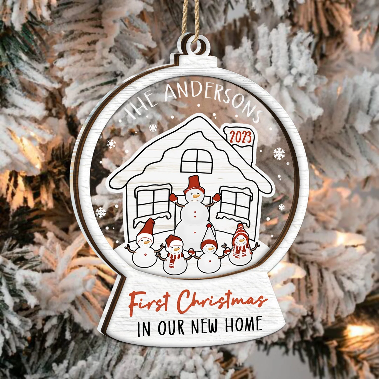 Snowmen Family First Christmas In Our New Home - Gift For Couples And Parents - Personalized 2-Layered Mix Ornament - Image 3