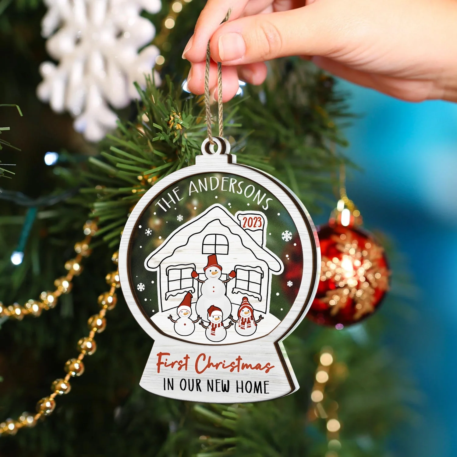 Snowmen Family First Christmas In Our New Home - Gift For Couples And Parents - Personalized 2-Layered Mix Ornament - Image 4