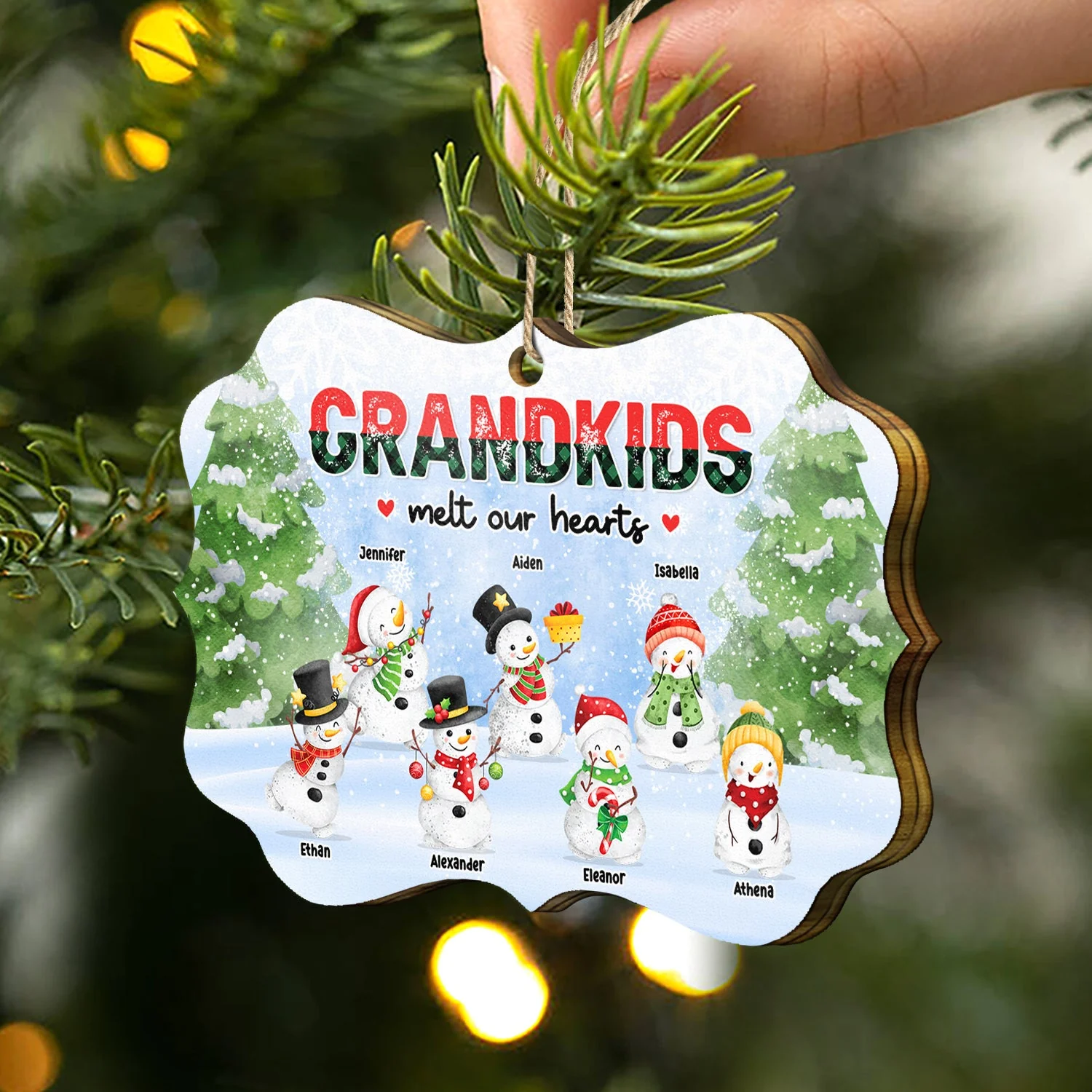 Snowmen Grandkids Melt My Heart - Christmas, Gift For Grandparents - Personalized Medallion Wooden Ornament - Image 2