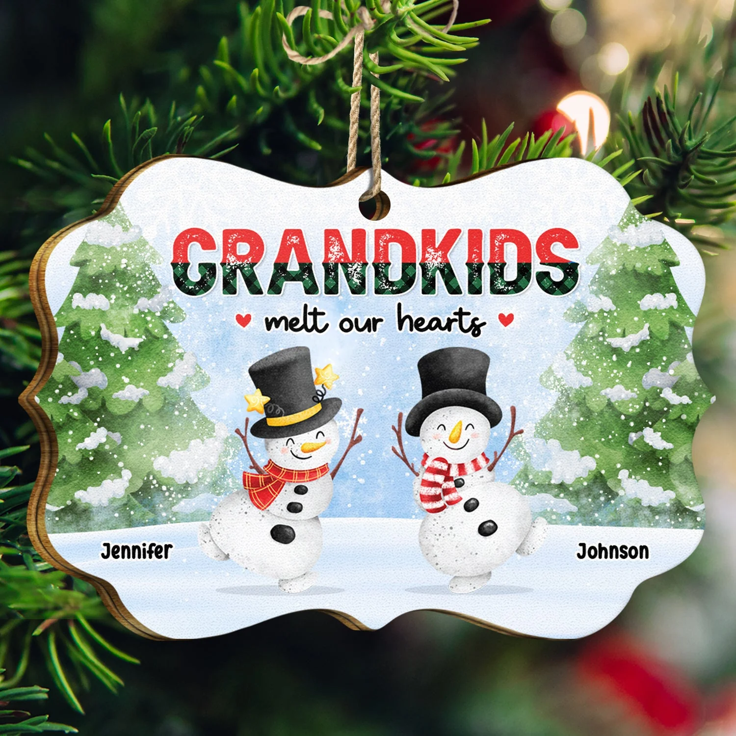 Snowmen Grandkids Melt My Heart - Christmas, Gift For Grandparents - Personalized Medallion Wooden Ornament - Image 3