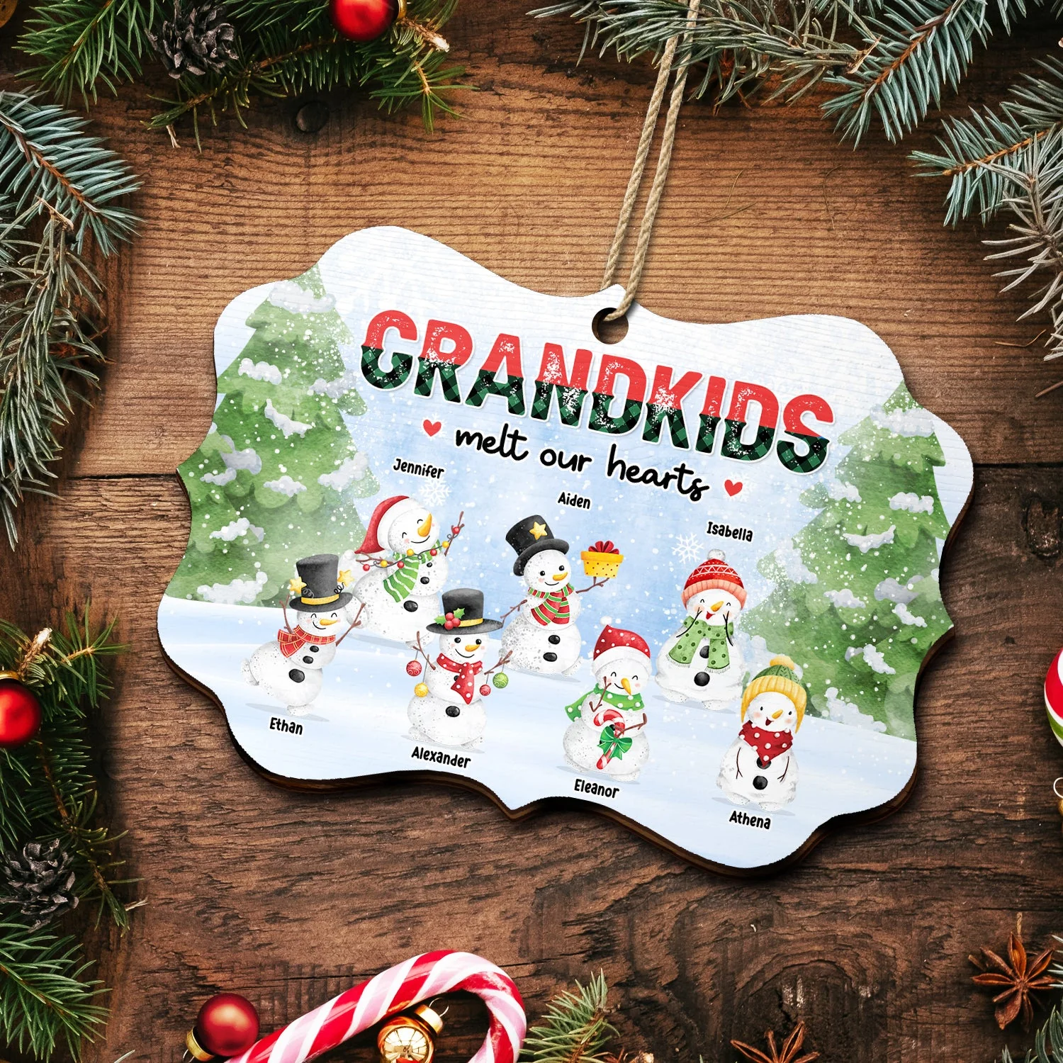 Snowmen Grandkids Melt My Heart - Christmas, Gift For Grandparents - Personalized Medallion Wooden Ornament - Image 5