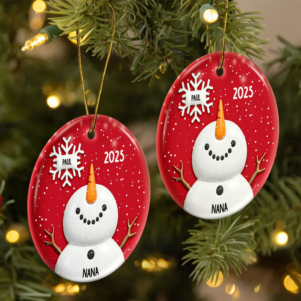 Snowy Grandma Nana Snowflake Grandkid Name - Personalized Circle Ceramic Ornament - Image 2