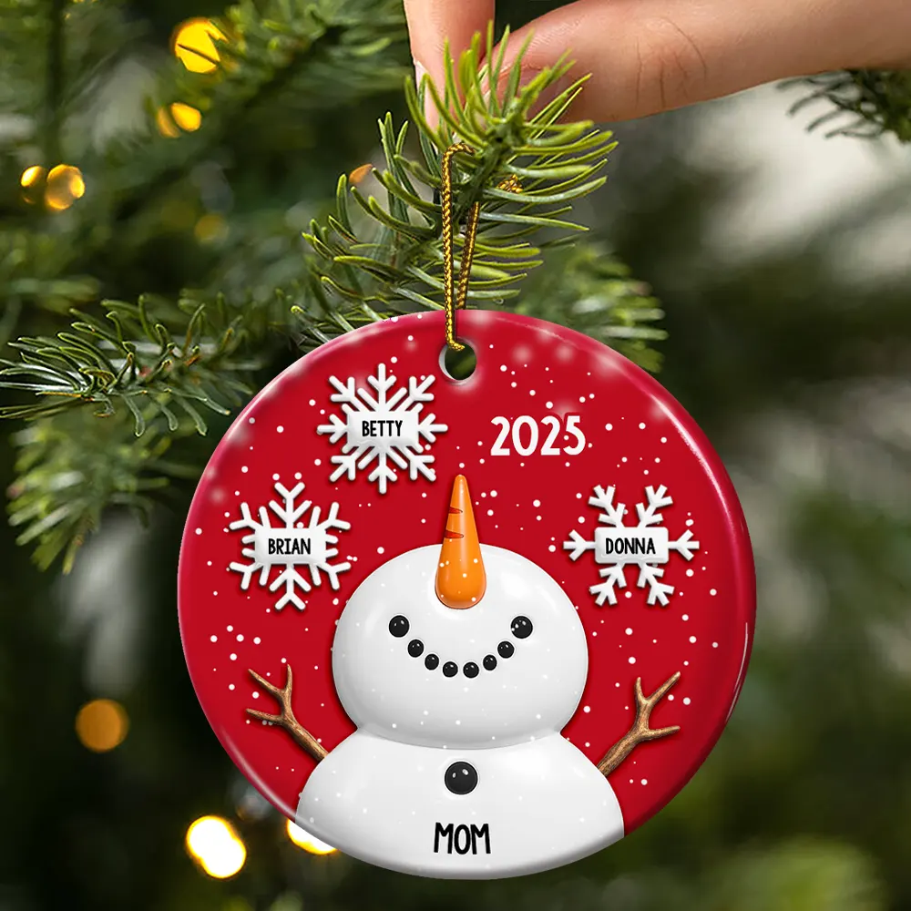 Snowy Grandma Nana Snowflake Grandkid Name - Personalized Circle Ceramic Ornament - Image 3