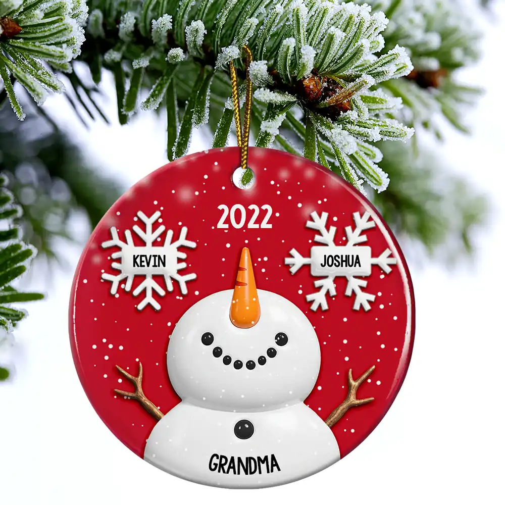 Snowy Grandma Nana Snowflake Grandkid Name - Personalized Circle Ceramic Ornament - Image 4