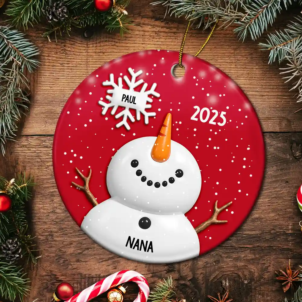 Snowy Grandma Nana Snowflake Grandkid Name - Personalized Circle Ceramic Ornament - Image 5