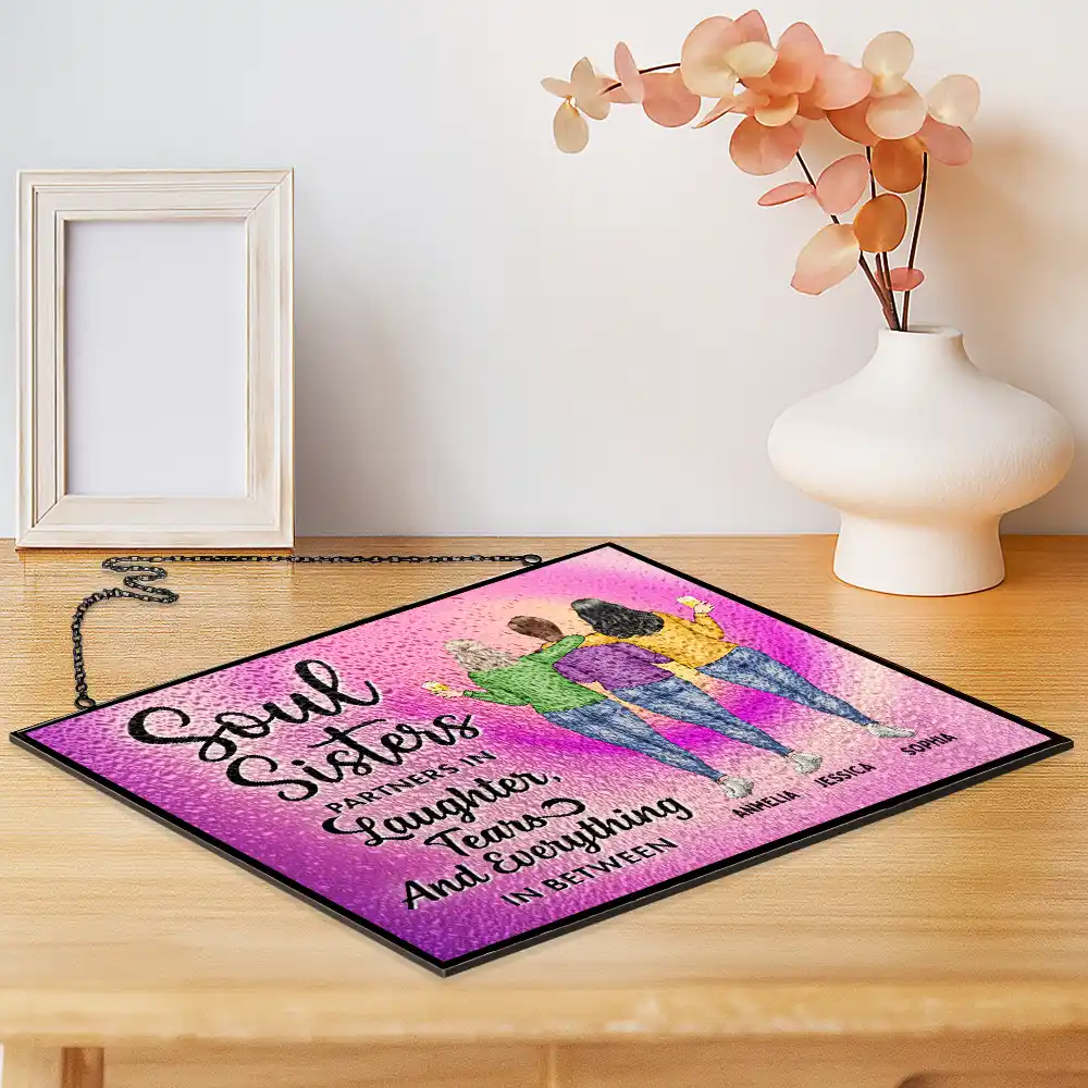 Soul Sisters Partners In Everything - Personalized Horizontal Stained Glass Suncatcher - Image 2