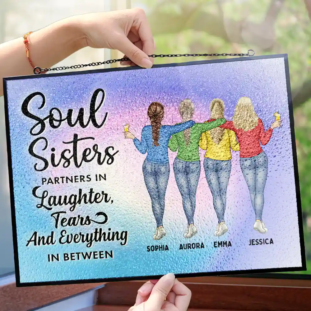 Soul Sisters Partners In Everything - Personalized Horizontal Stained Glass Suncatcher - Image 4