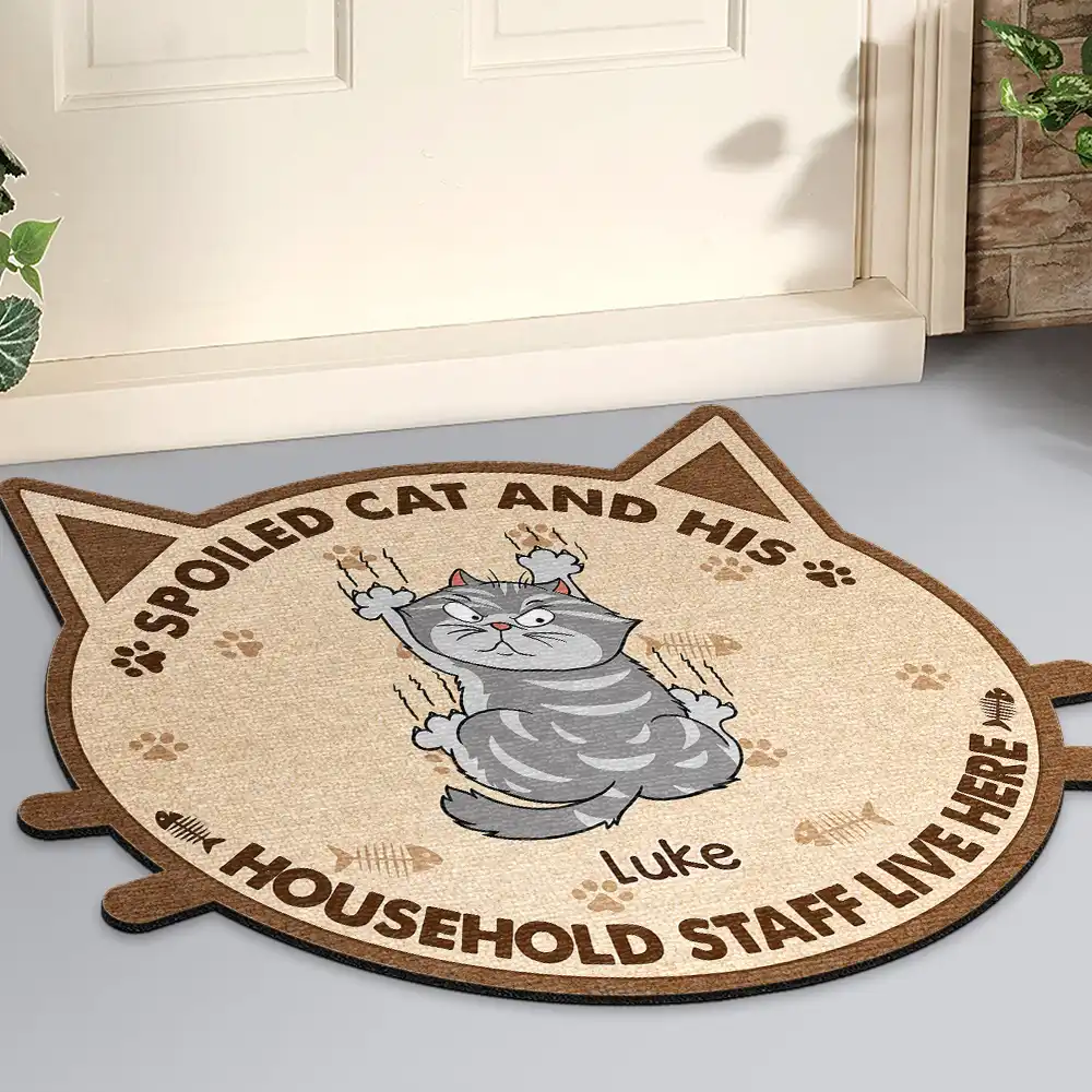 Spoiled Cats And Their Household Staff Live Here - Personalized Custom Shaped Doormat - Image 2