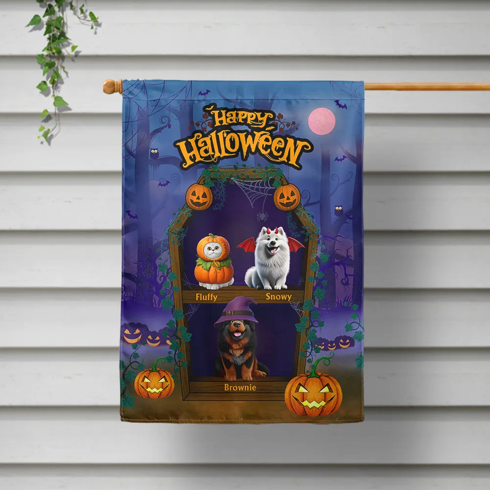 Spooky Cute Pets In Coffin Shelves - Personalized Flag - Image 2