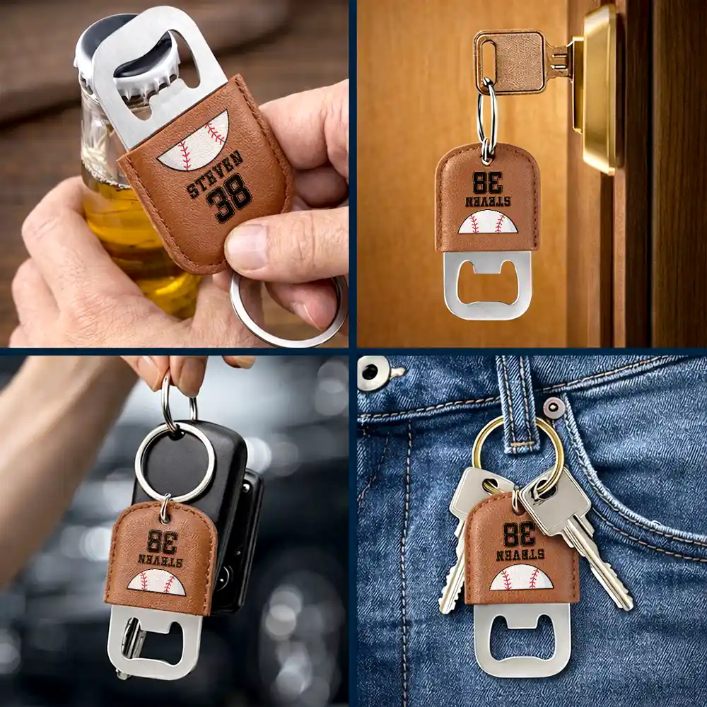 Sport Dad Baseball Basketball - Personalized Leather Bottle Opener Keychain - Image 5