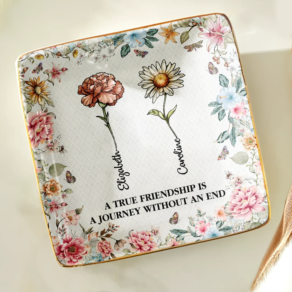 Stained Glass Birth Flower Mosaic Art Friendship Is A Journey - Personalized Ring Dish