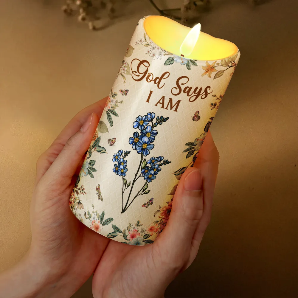 Stained Glass Birth Flower Mosaic Art God Says I Am - Personalized Flameless LED Candle - Image 3