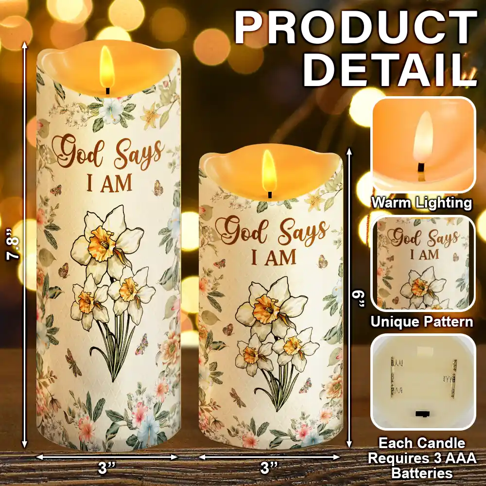 Stained Glass Birth Flower Mosaic Art God Says I Am - Personalized Flameless LED Candle - Image 5