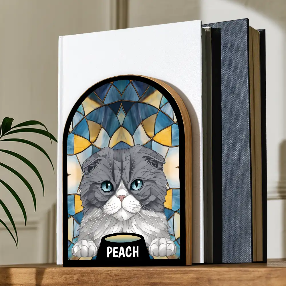 Stained Glass Cat Dog - Personalized Wood Book Ends - Image 2