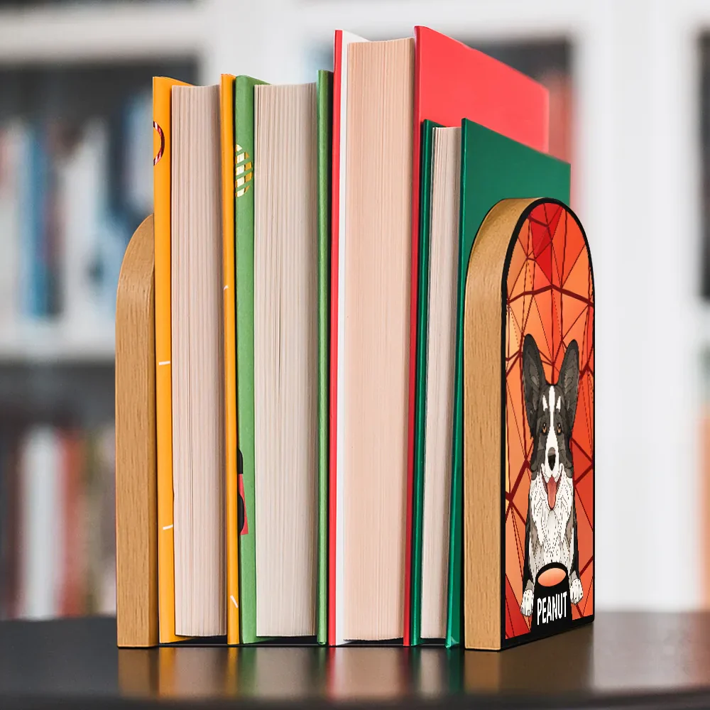 Stained Glass Cat Dog - Personalized Wood Book Ends - Image 3