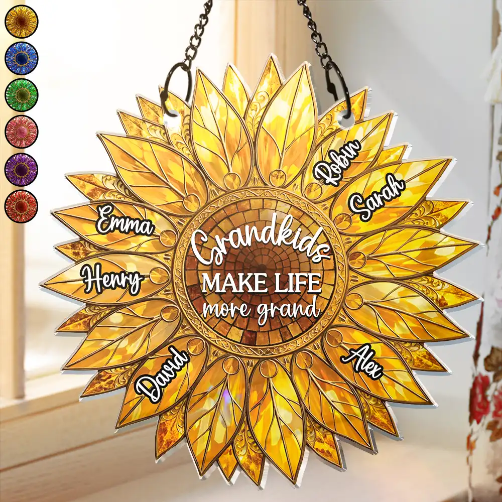 Stained Glass Effect Sunflower Grandkids Make Life Grand - Personalized Window Hanging Suncatcher Ornament