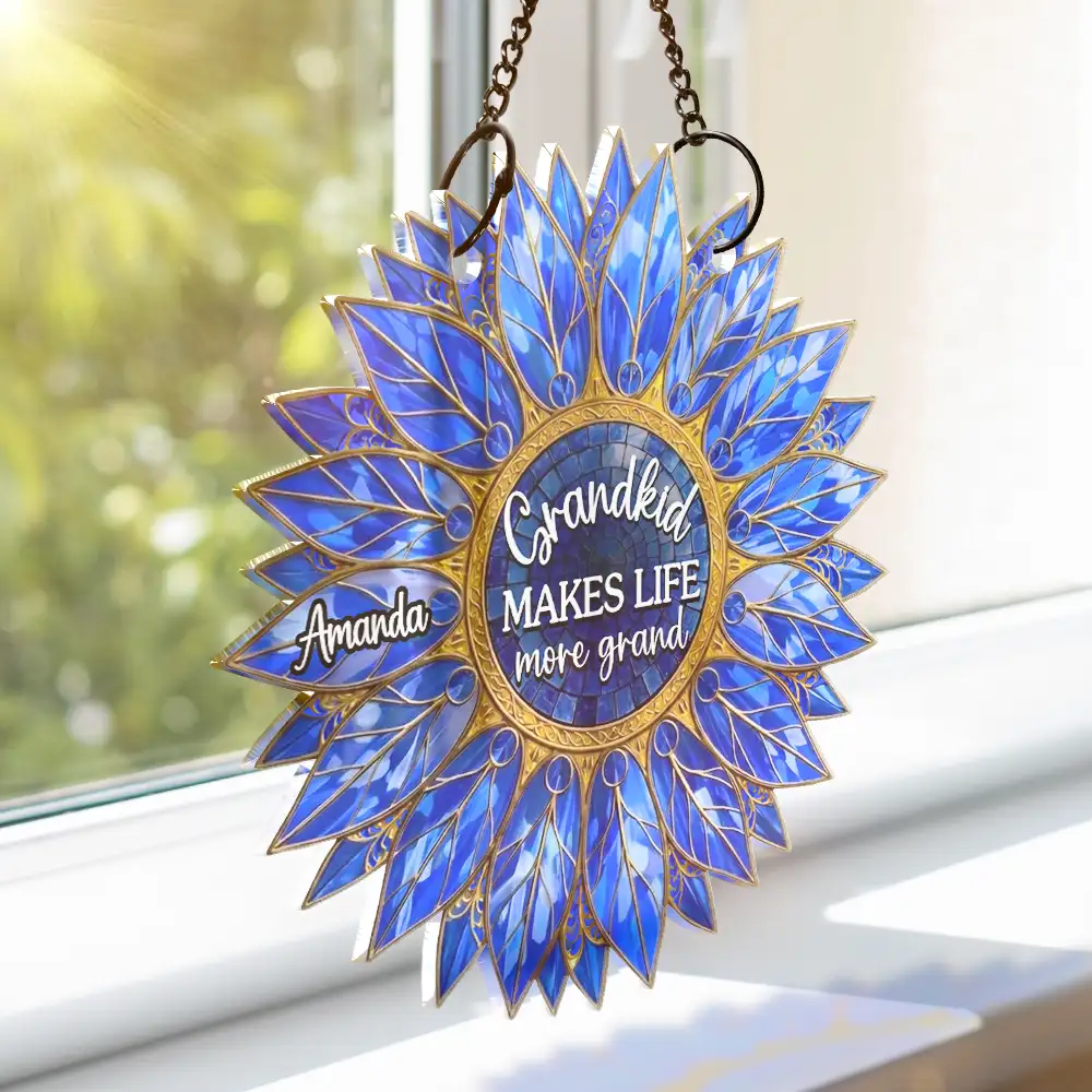 Stained Glass Effect Sunflower Grandkids Make Life Grand - Personalized Window Hanging Suncatcher Ornament - Image 3