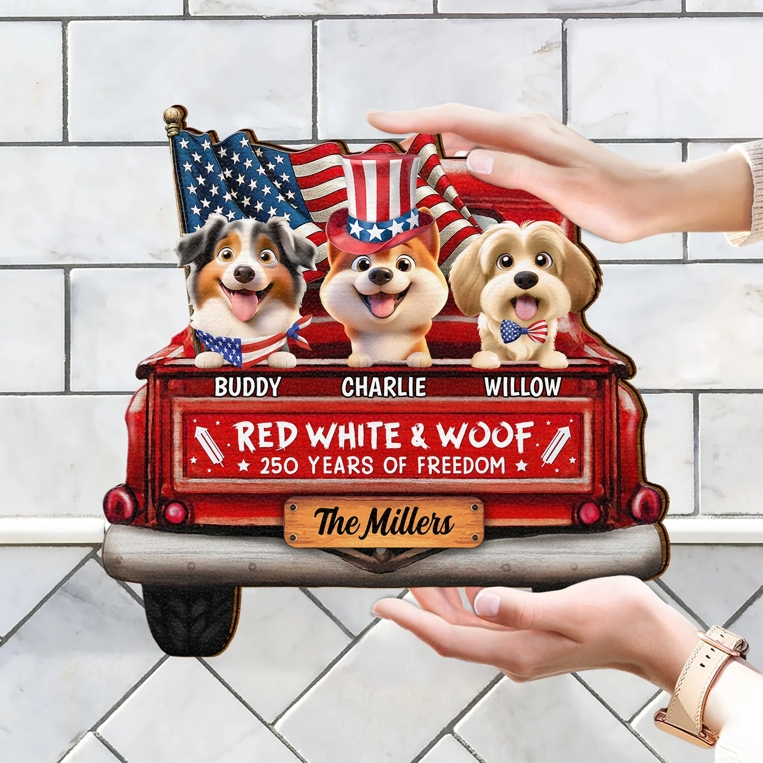 Star & Stripes Red White Woof 250 Years Of Freedom - Personalized Custom Shaped Wood Sign - Image 4