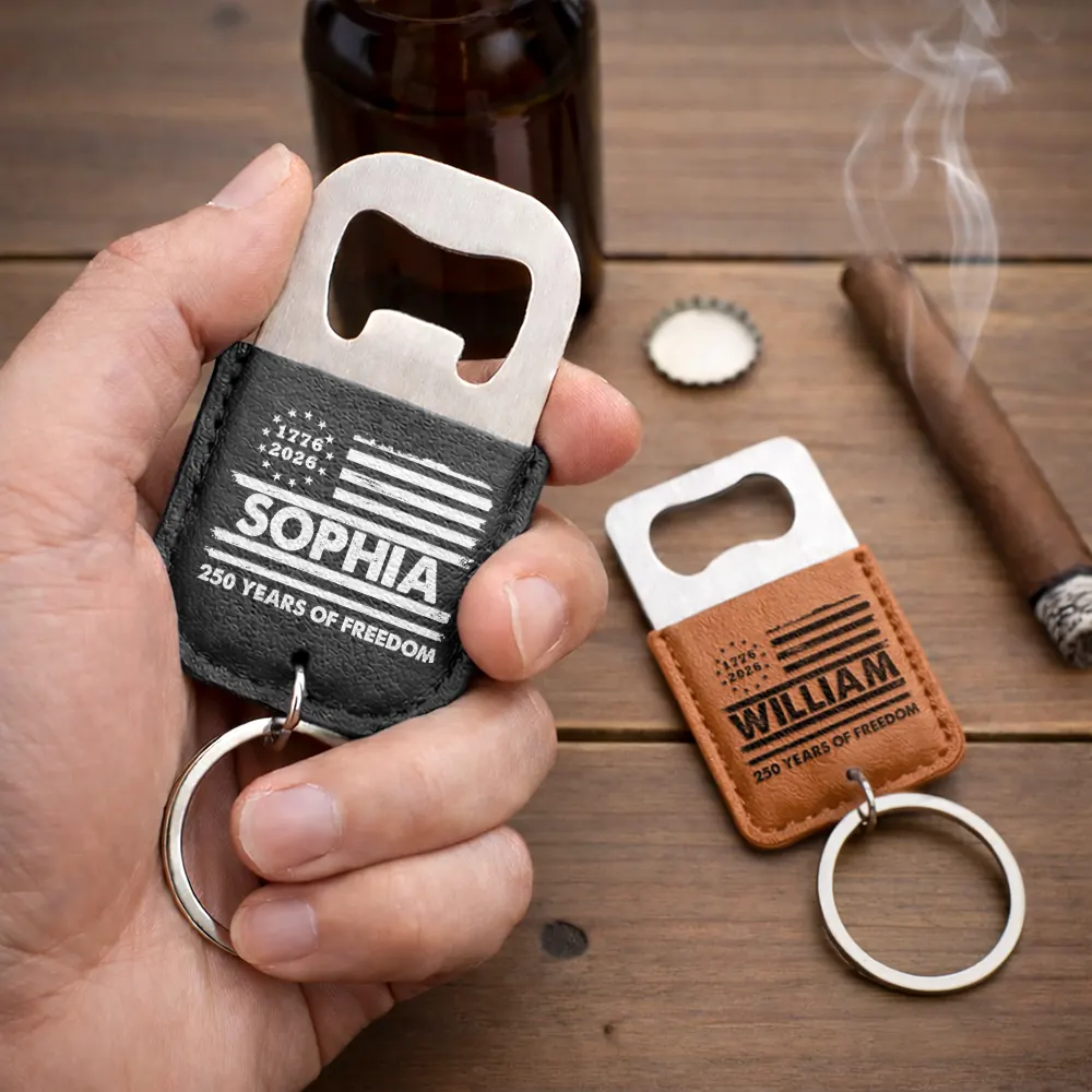 Stars And Stripes 250 Years Of Freedom - Personalized Leather Bottle Opener Keychain - Image 2
