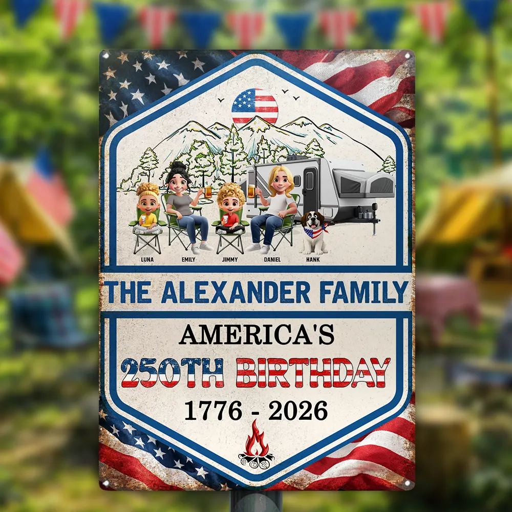 Stars And Stripes American 250th Birthday Family Camping - Personalized Classic Metal Signs