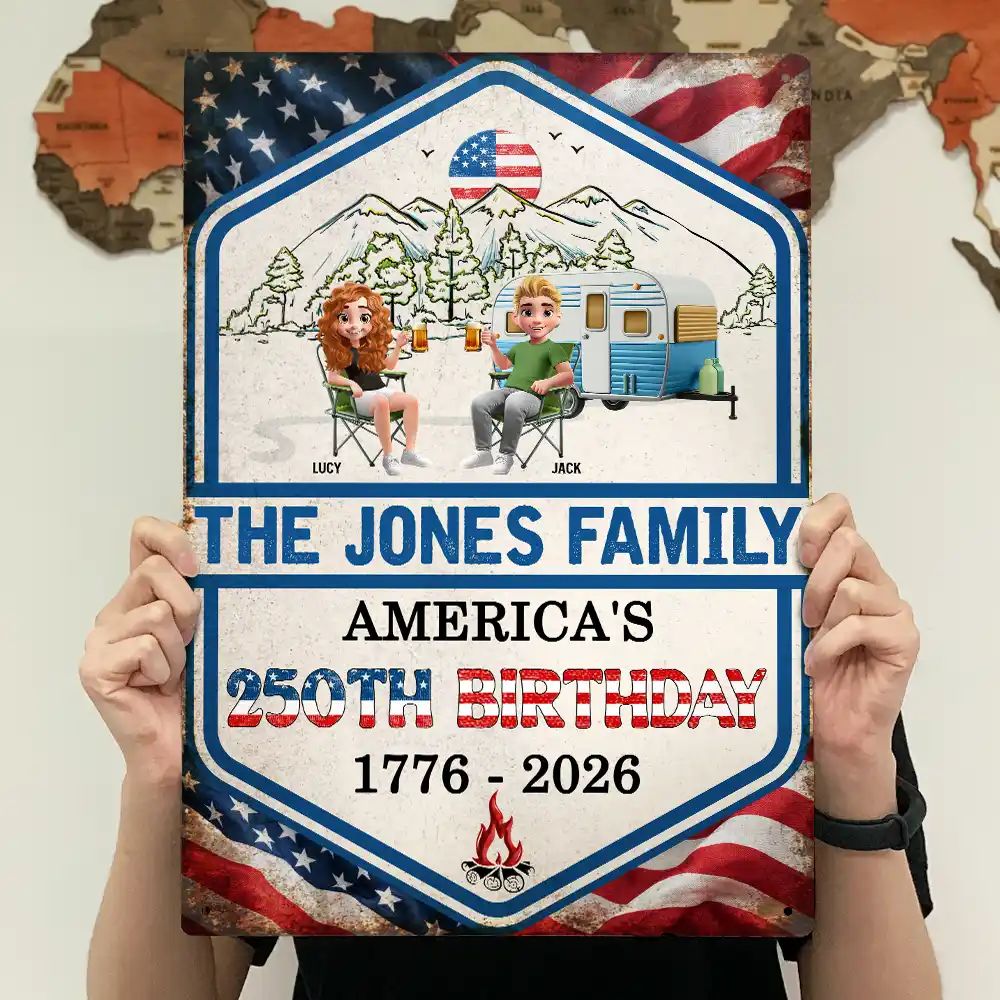 Stars And Stripes American 250th Birthday Family Camping - Personalized Classic Metal Signs - Image 4