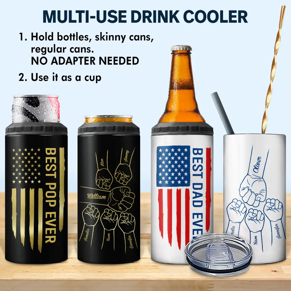 Stars And Stripes Best Dad Ever Fist Bump - Personalized 4 In 1 Can Cooler Tumbler - Image 2