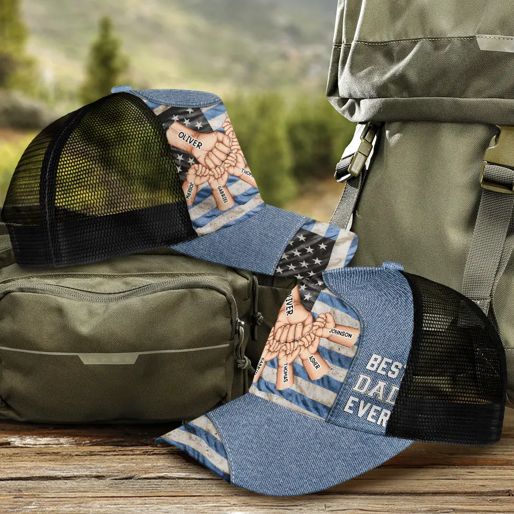 Stars And Stripes Best Dad Grandpa Ever Fist Bump - Personalized Mesh-back Casual Cap - Image 2