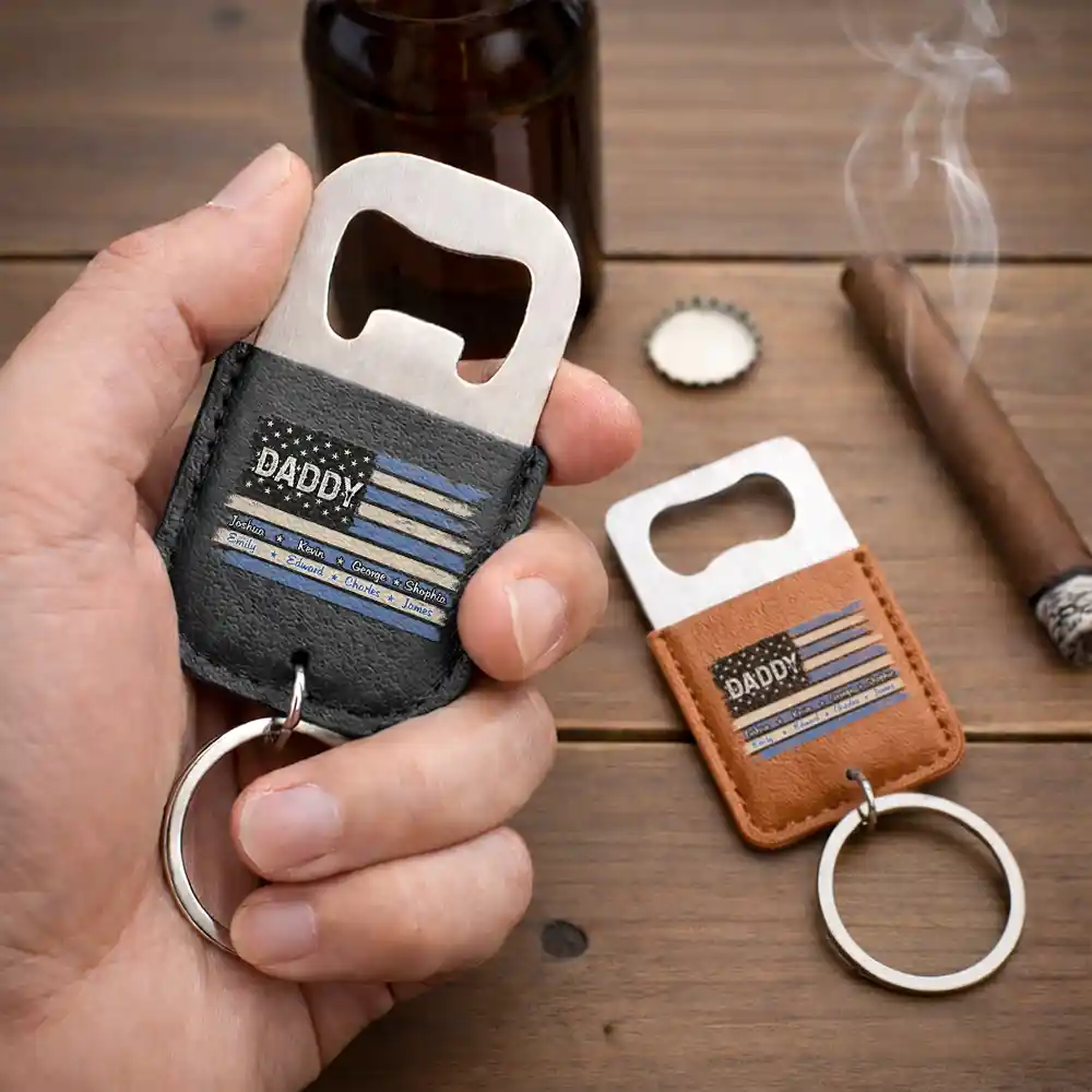 Stars And Stripes Dad Papa Grandfather - Personalized Leather Bottle Opener Keychain - Image 2