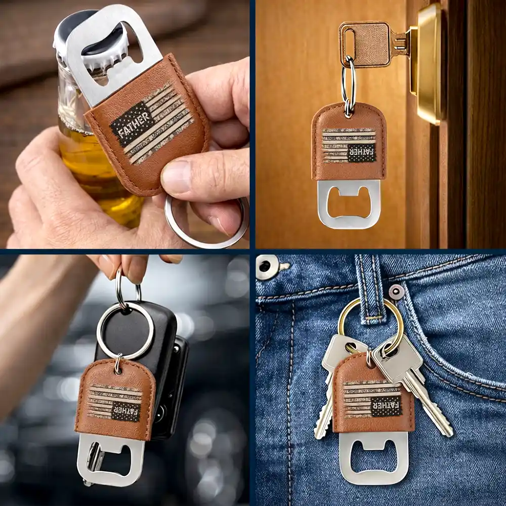 Stars And Stripes Dad Papa Grandfather - Personalized Leather Bottle Opener Keychain - Image 5