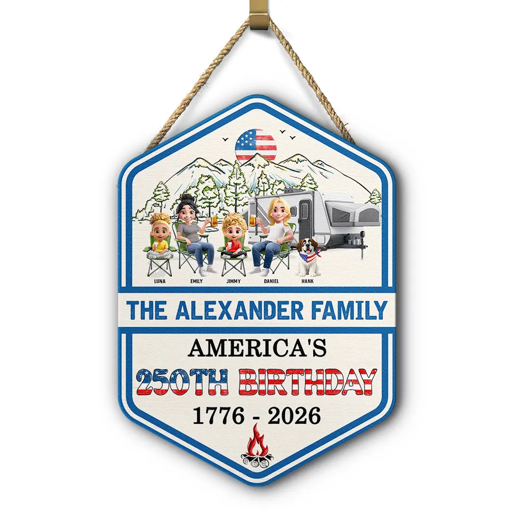 Stars And Stripes Family Camping On The Fourth Of July - Personalized Custom Shaped Wood Sign