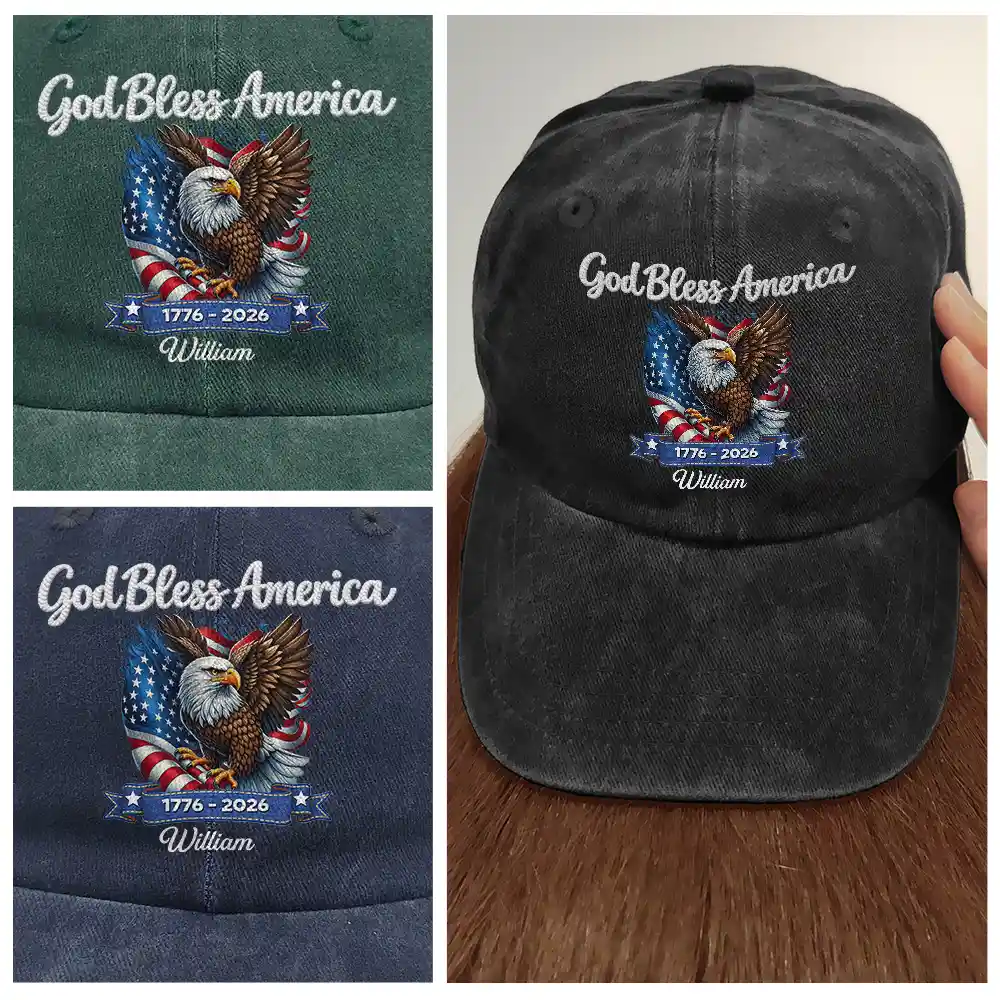 Stars And Stripes Faux Embroidery Effect God Bless America - Personalized Vintage Washed Denim Cap - Image 4