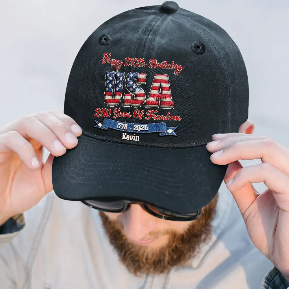 Stars And Stripes Faux Embroidery Effect Happy 250th Birthday - Personalized Vintage Washed Denim Cap - Image 2